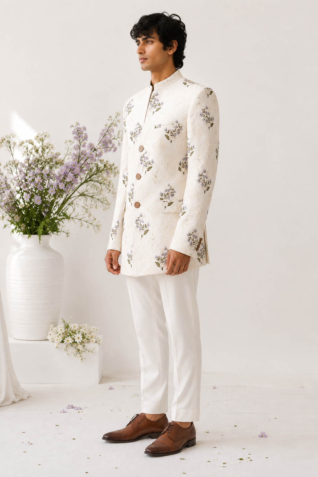 Ivory Floral Trench Coat