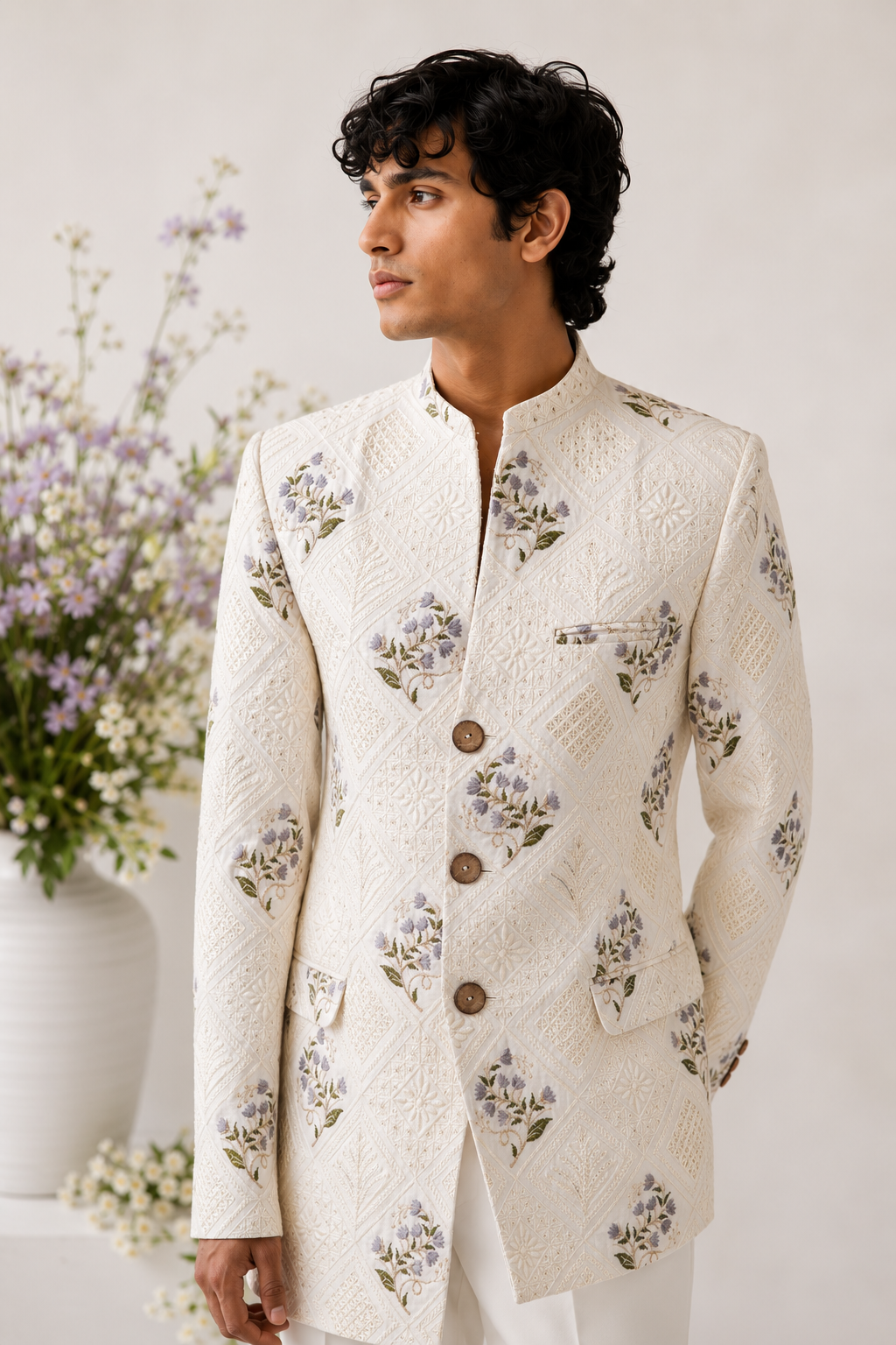 Ivory Floral Trench Coat