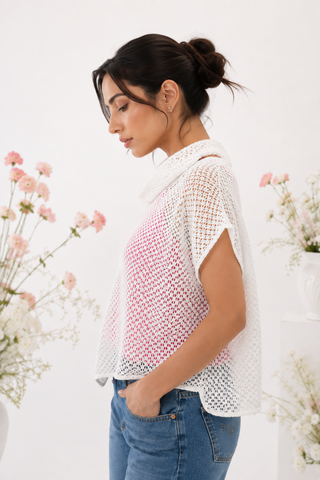 Mesh Fabric Cowl Neck Top