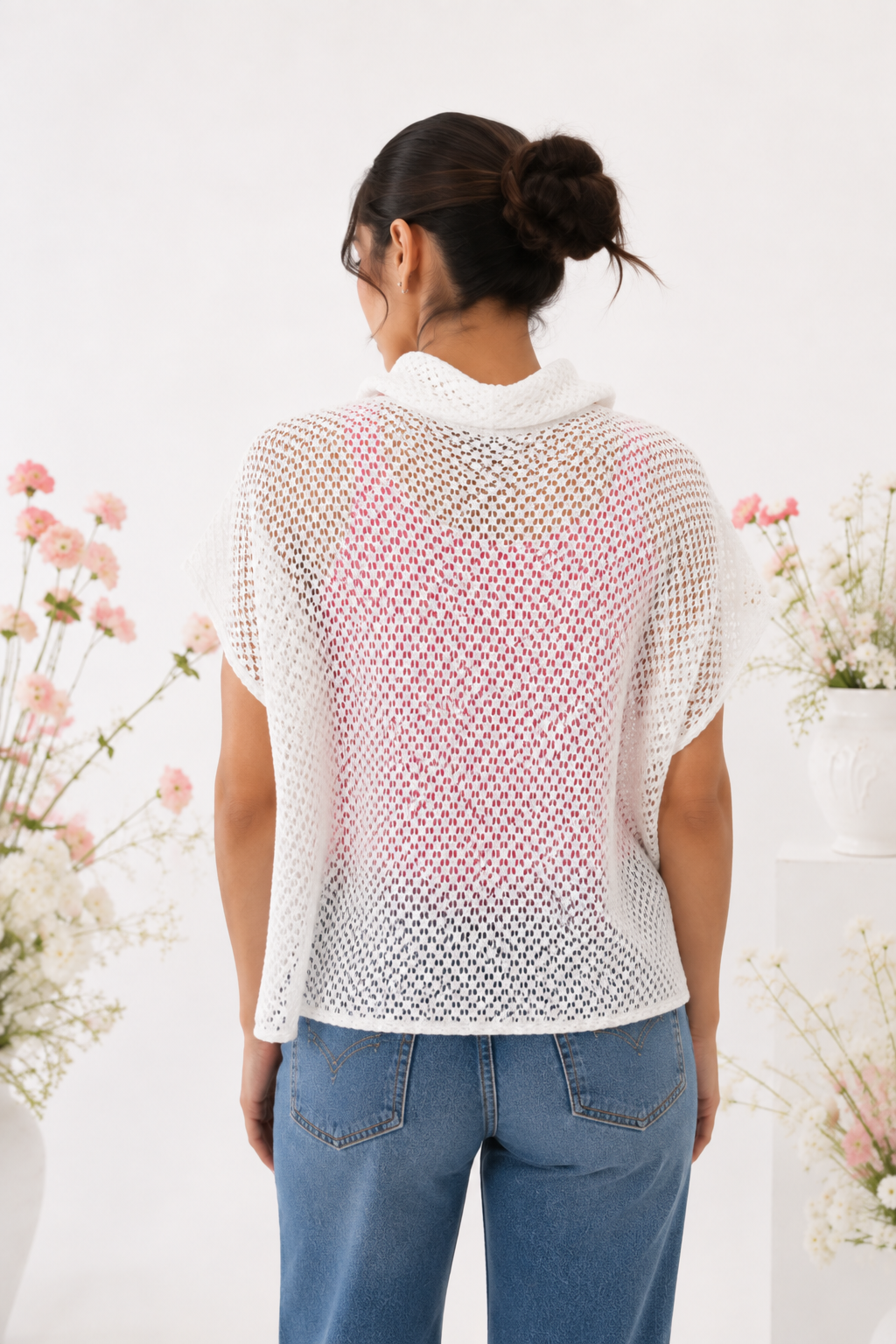 Mesh Fabric Cowl Neck Top