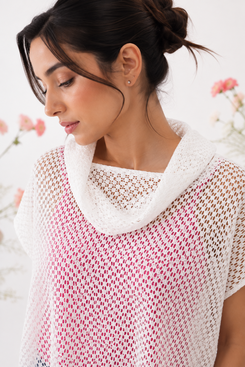 Mesh Fabric Cowl Neck Top