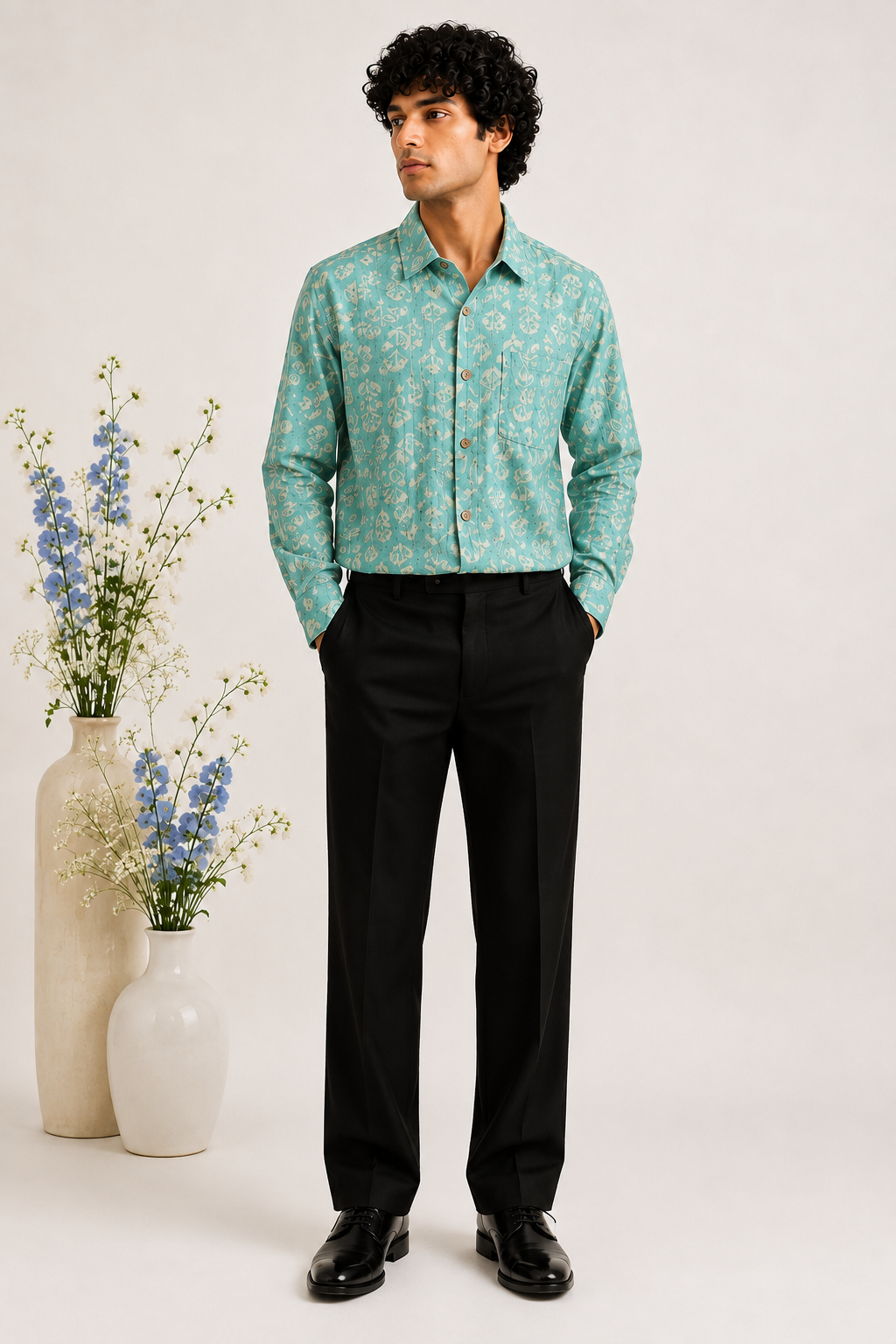 Aqua Floral block Print with Embroidery Shirt