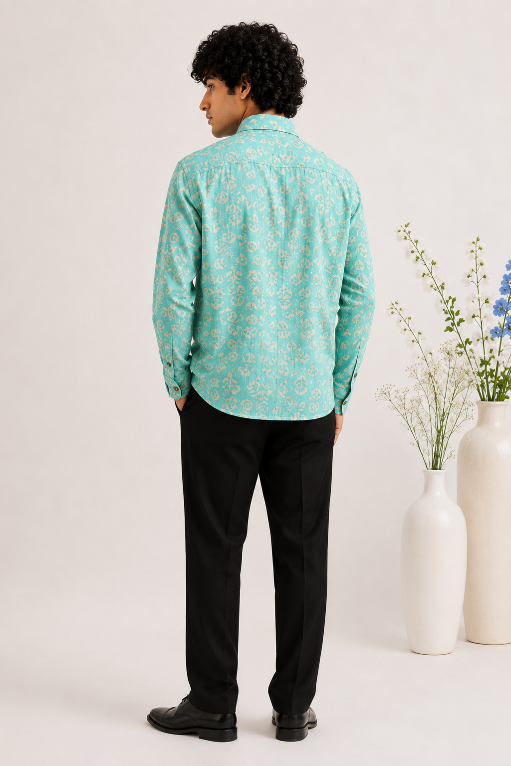 Aqua Floral block Print with Embroidery Shirt