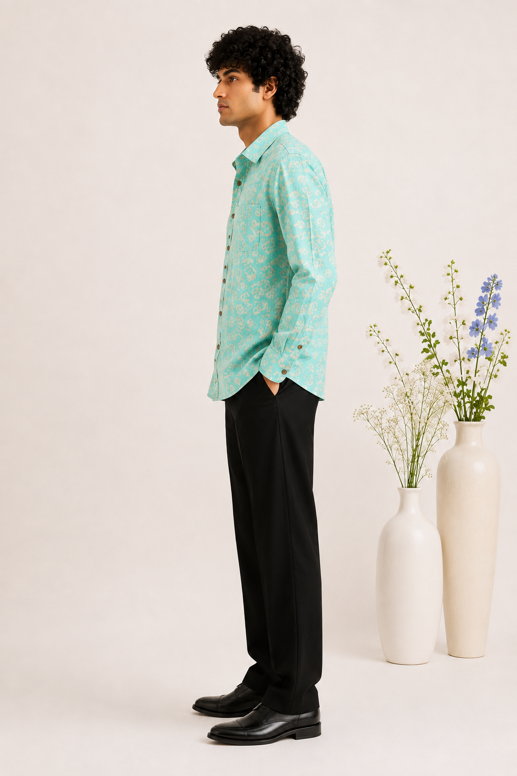 Aqua Floral block Print with Embroidery Shirt