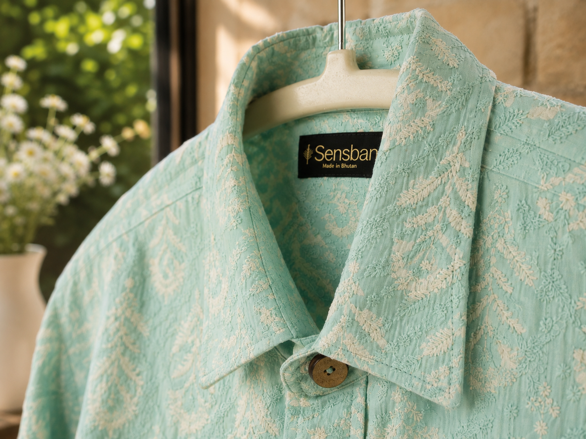 Aqua Floral block Print with Embroidery Shirt