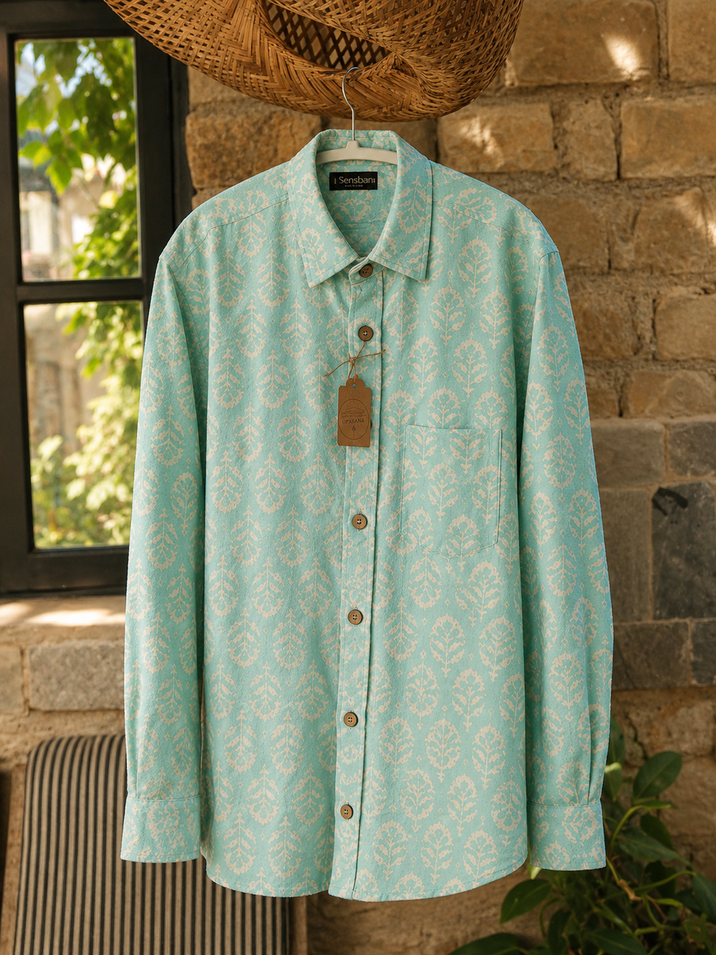 Aqua Floral block Print with Embroidery Shirt