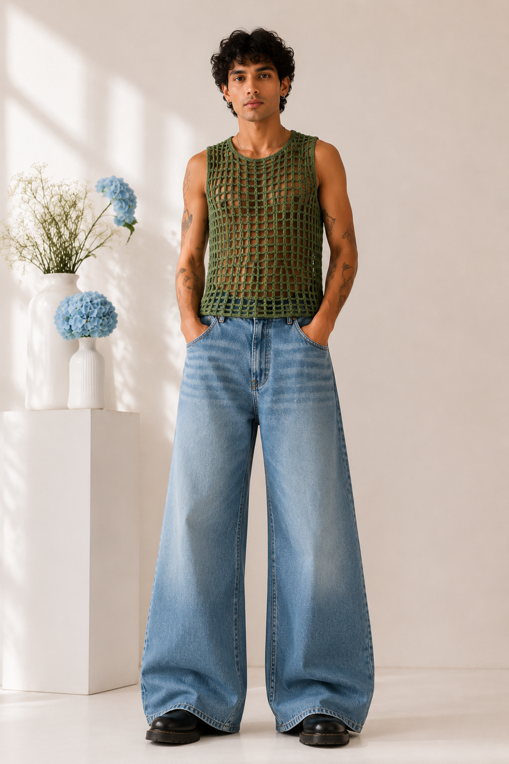 Olive Open-Knit Crochet Tank Top