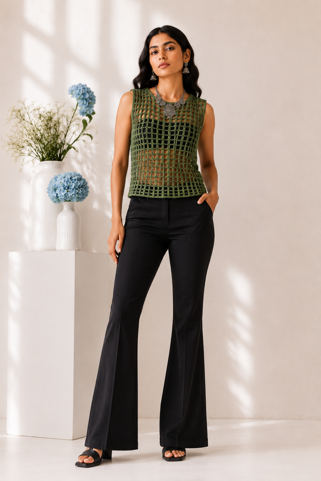 Olive Open-Knit Crochet Tank Top