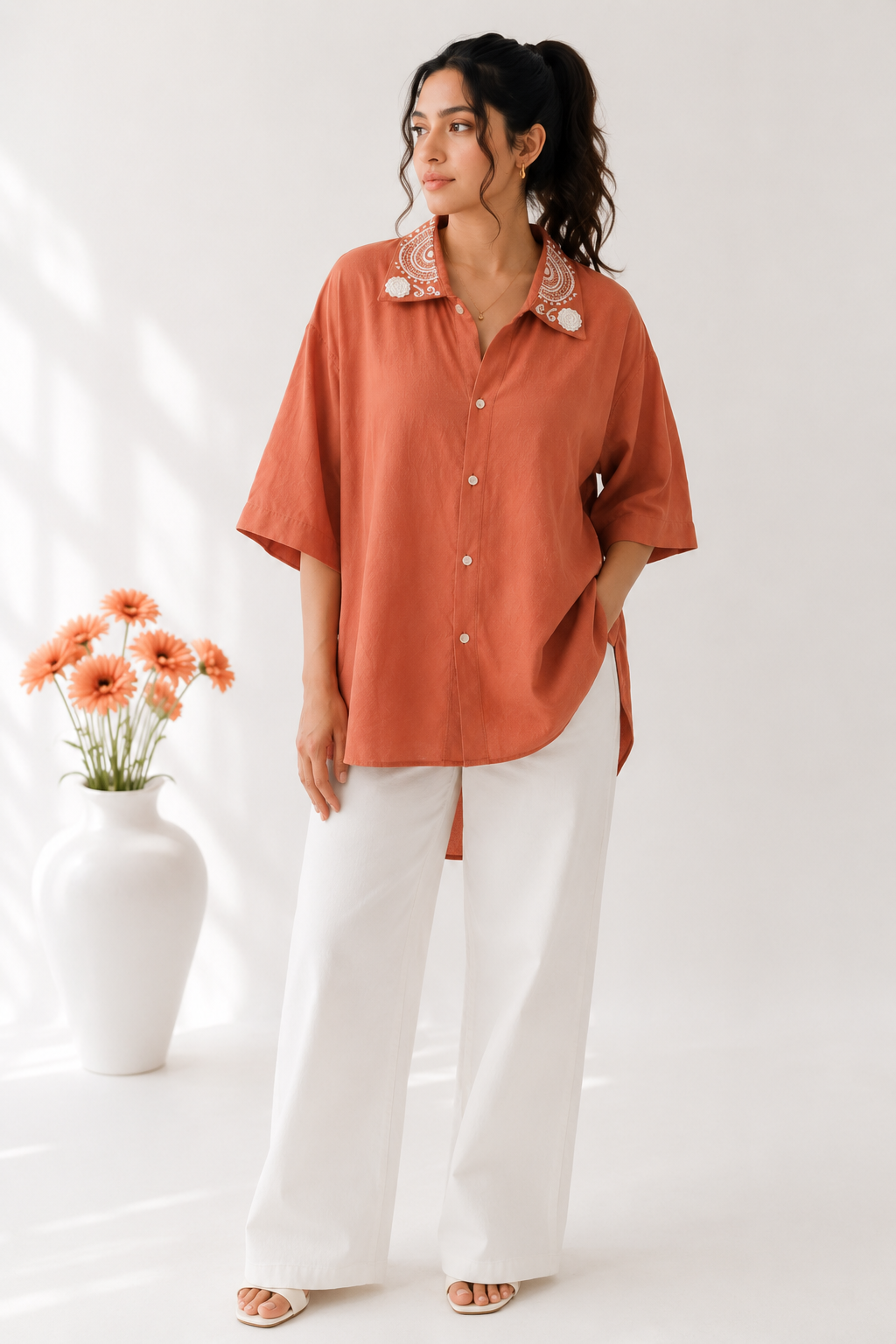 100% Organic Cotton Shirt with Hand Embroidery & Crochet work