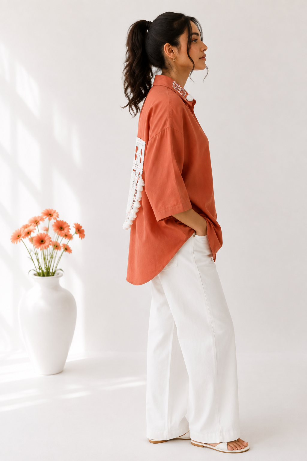 100% Organic Cotton Shirt with Hand Embroidery & Crochet work