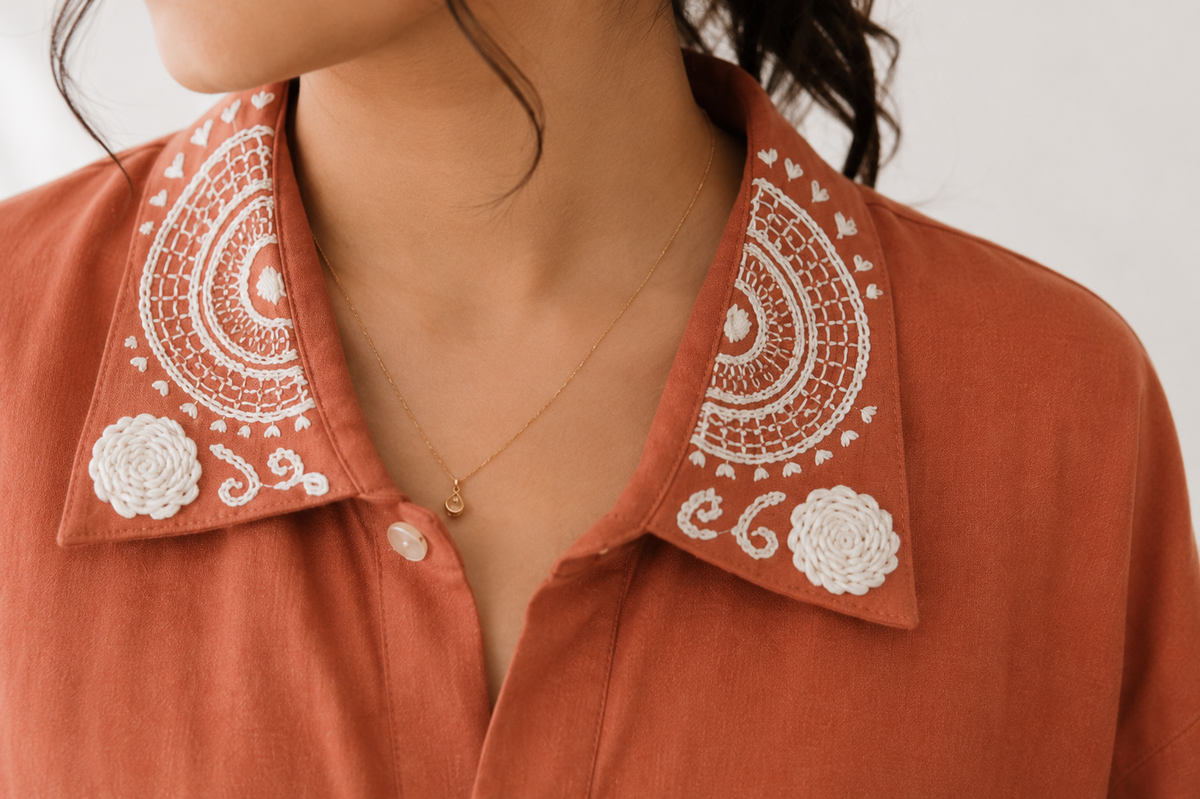 100% Organic Cotton Shirt with Hand Embroidery & Crochet work