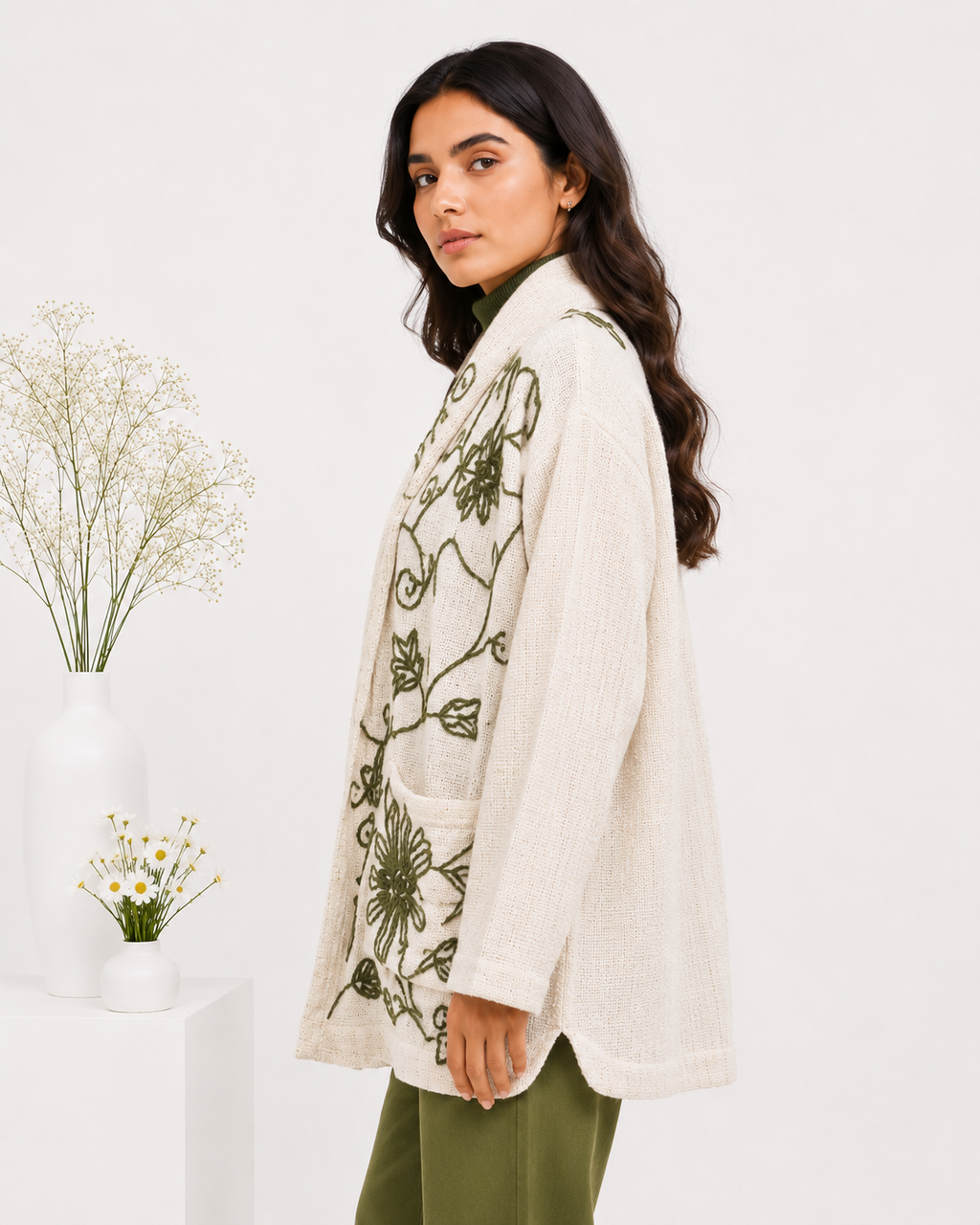 Kashmiri Aari Floral Embroidered Hemp-Wool Jacket