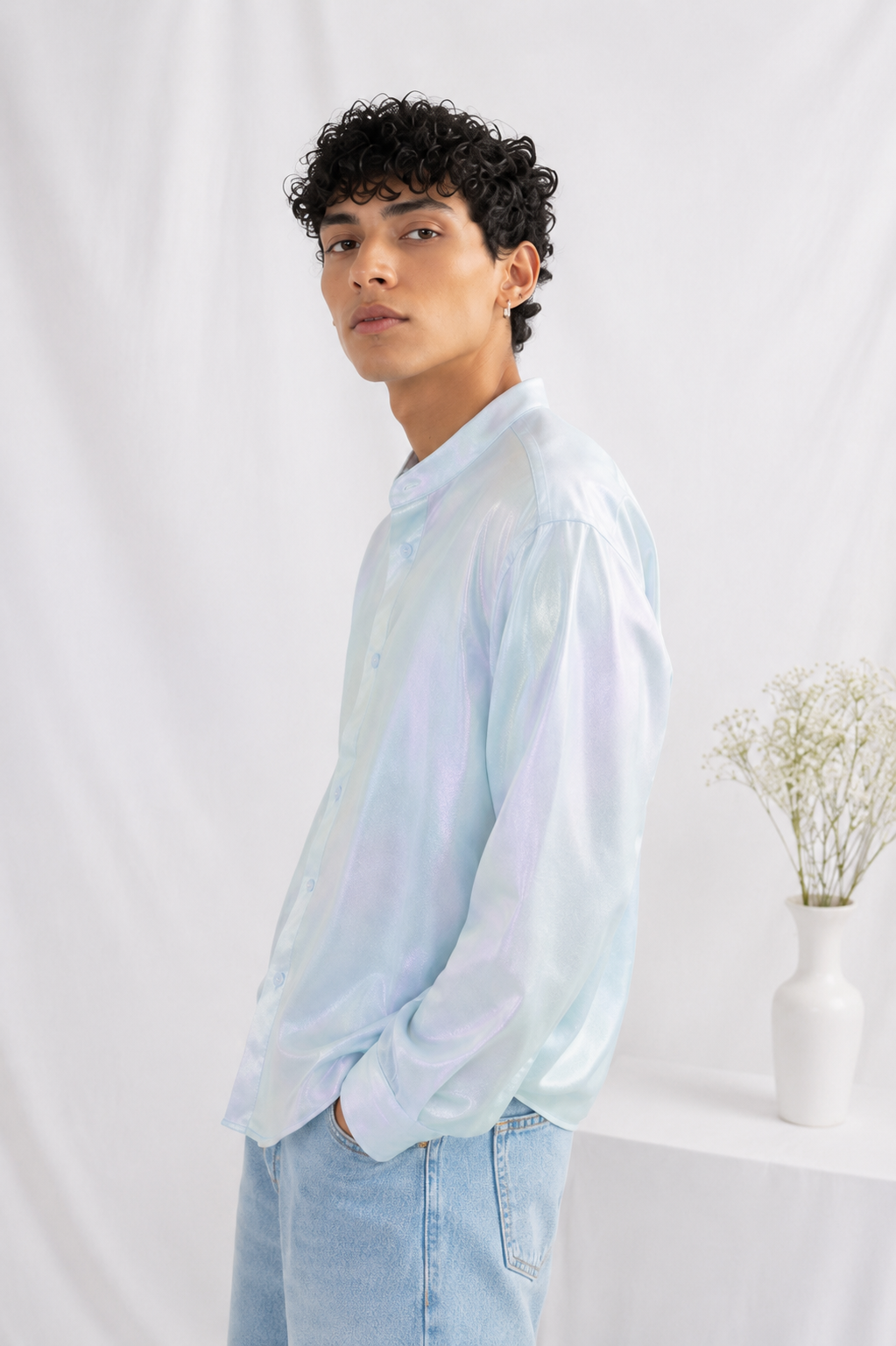 Iridescent Pearl Mandarin-Collar Shirt