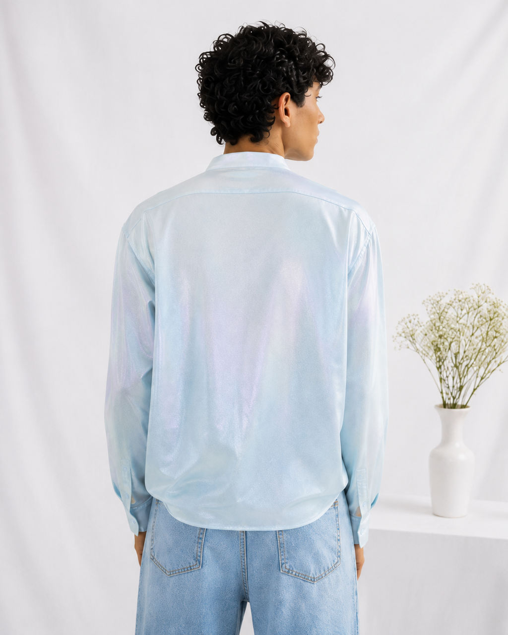 Iridescent Pearl Mandarin-Collar Shirt