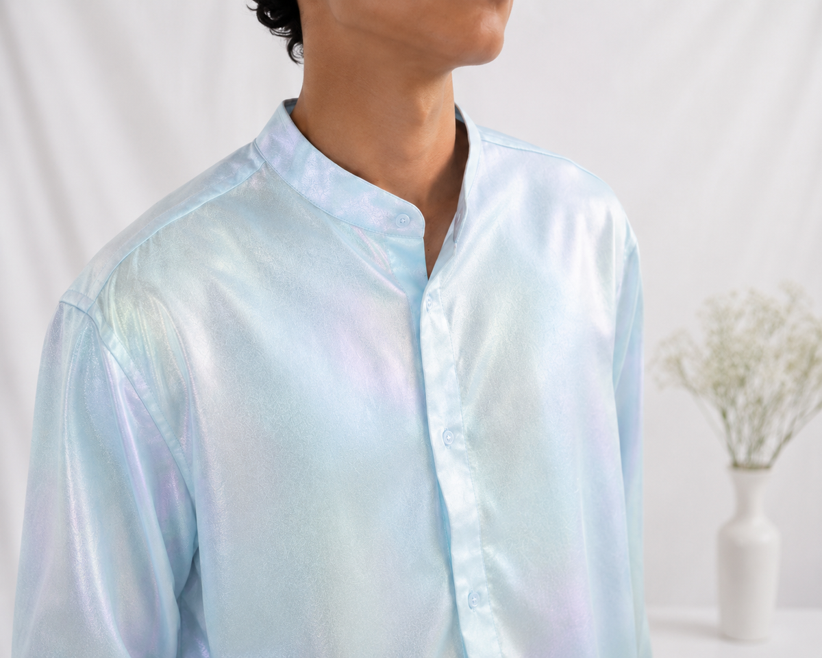 Iridescent Pearl Mandarin-Collar Shirt