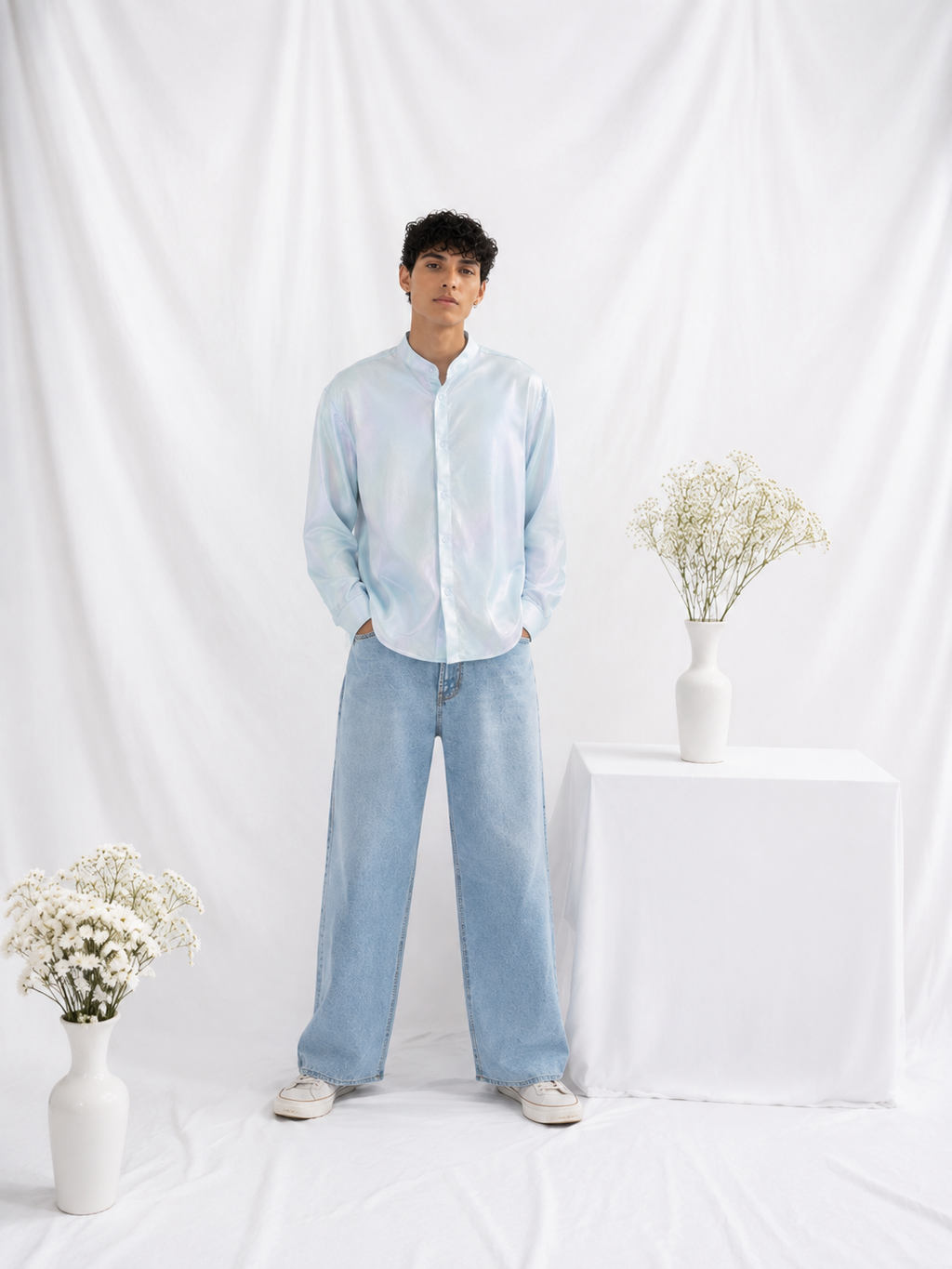 Iridescent Pearl Mandarin-Collar Shirt