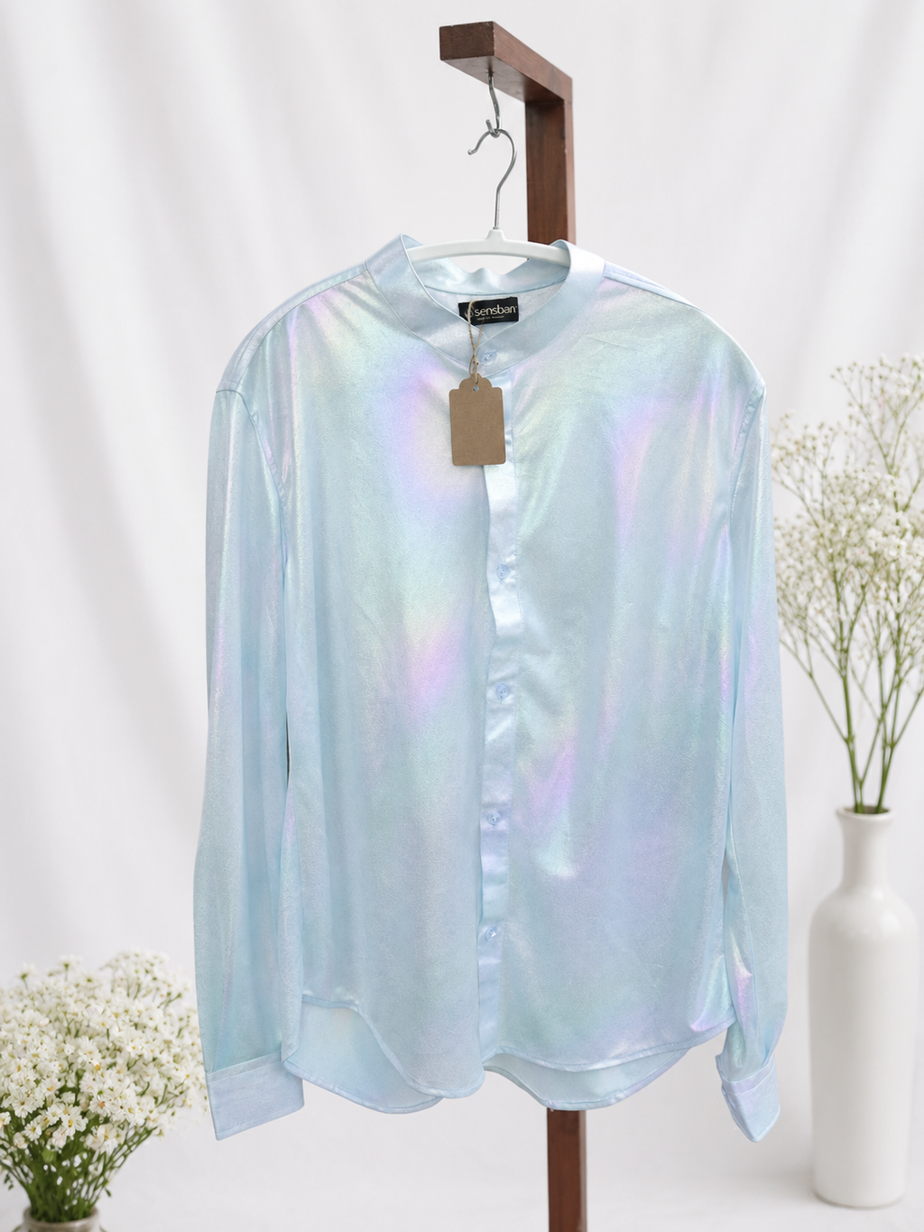 Iridescent Pearl Mandarin-Collar Shirt