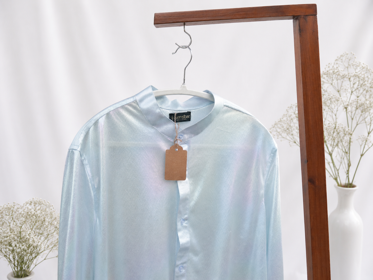 Iridescent Pearl Mandarin-Collar Shirt