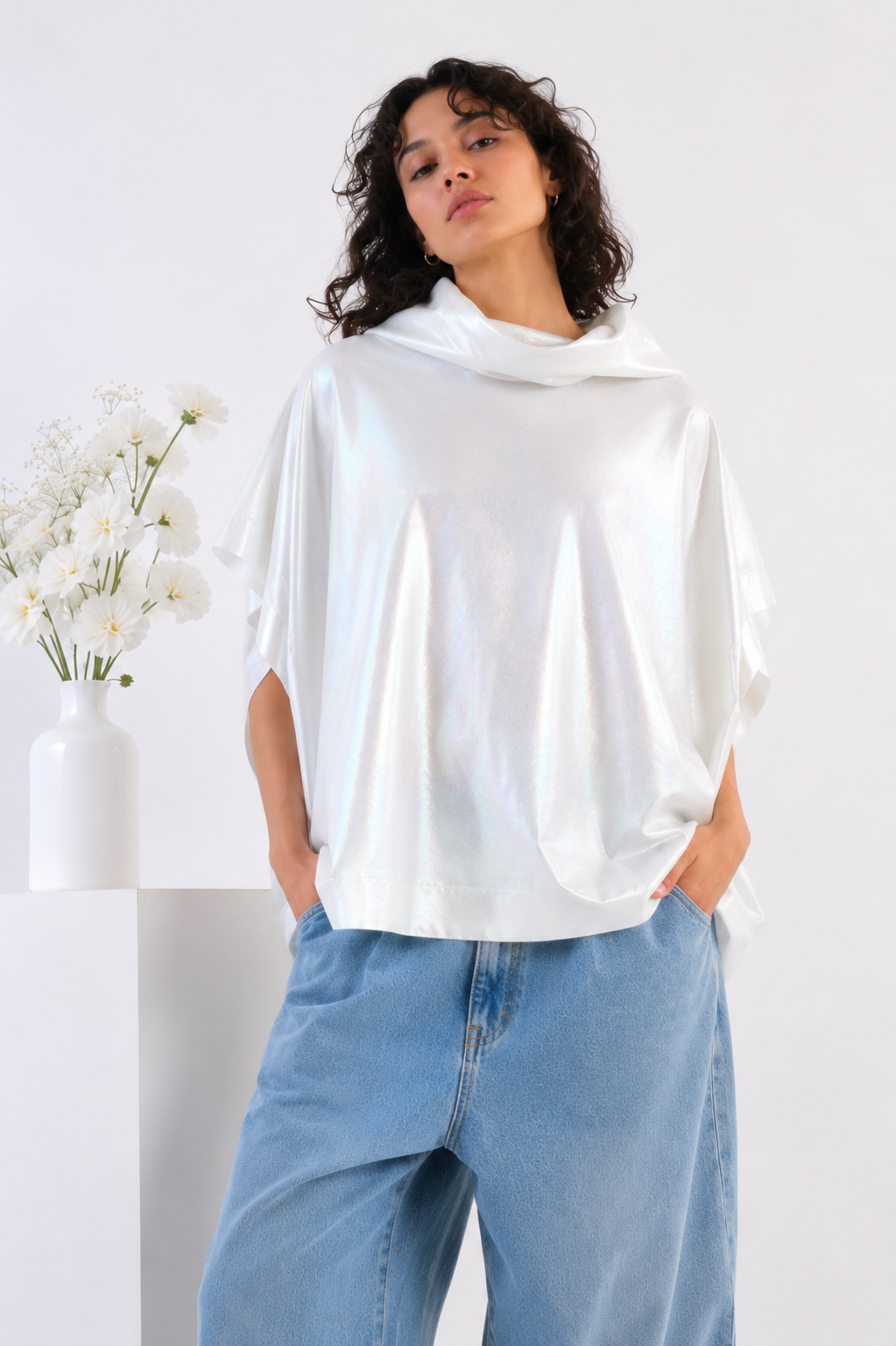 Iridescent Cowl-Neck Cape Unisex Top