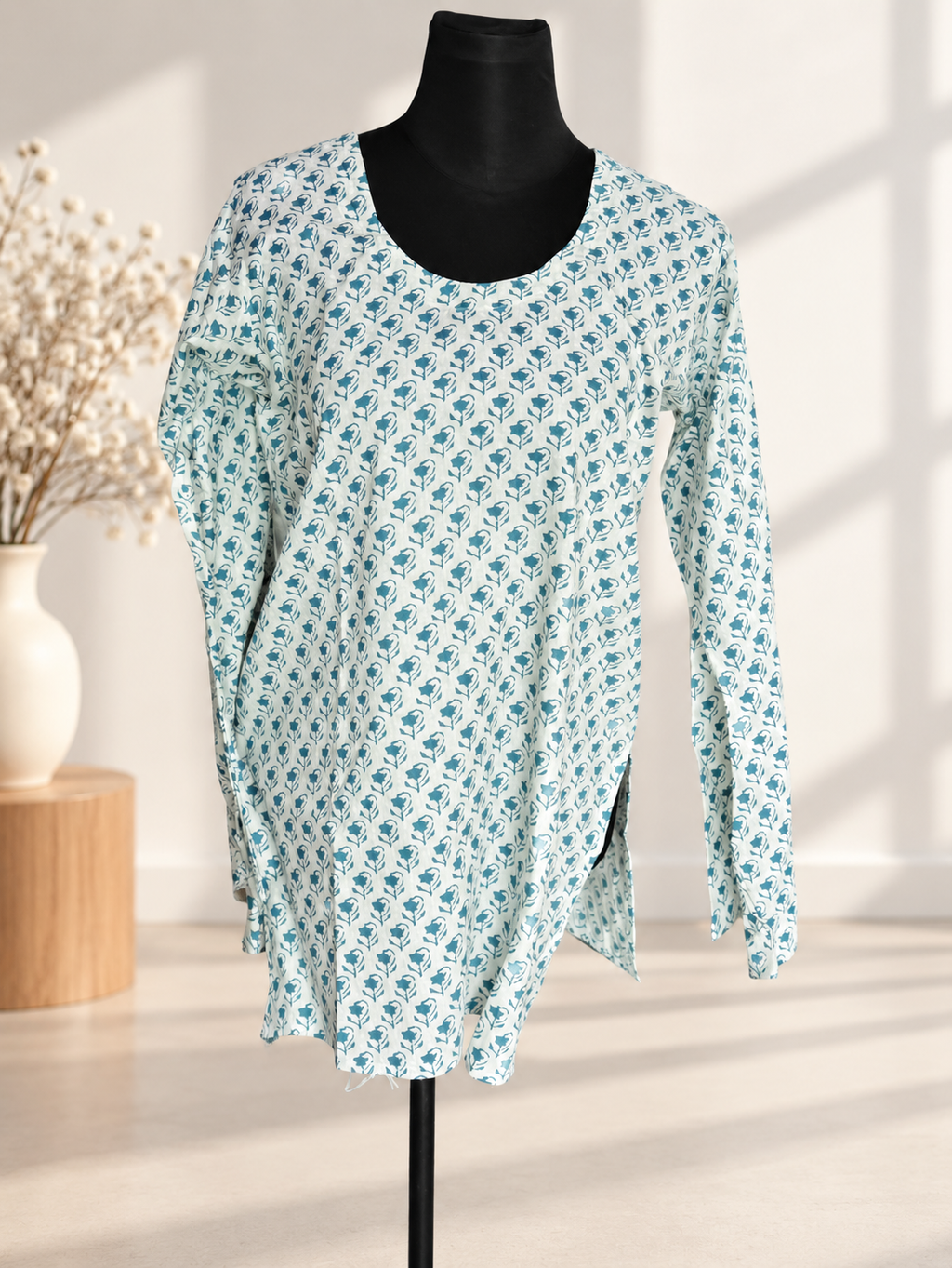 Blue Bloom Umbrella-Cuff Cotton Top
