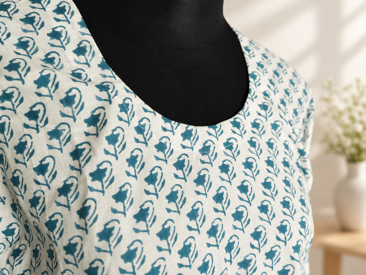 Blue Bloom Umbrella-Cuff Cotton Top