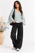 Blue Bloom Umbrella-Cuff Cotton Top