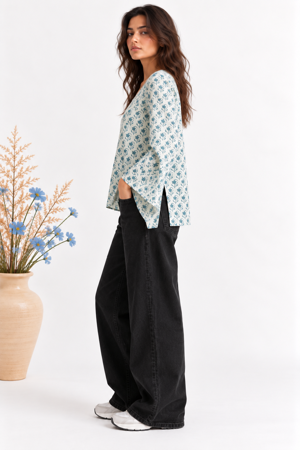 Blue Bloom Umbrella-Cuff Cotton Top