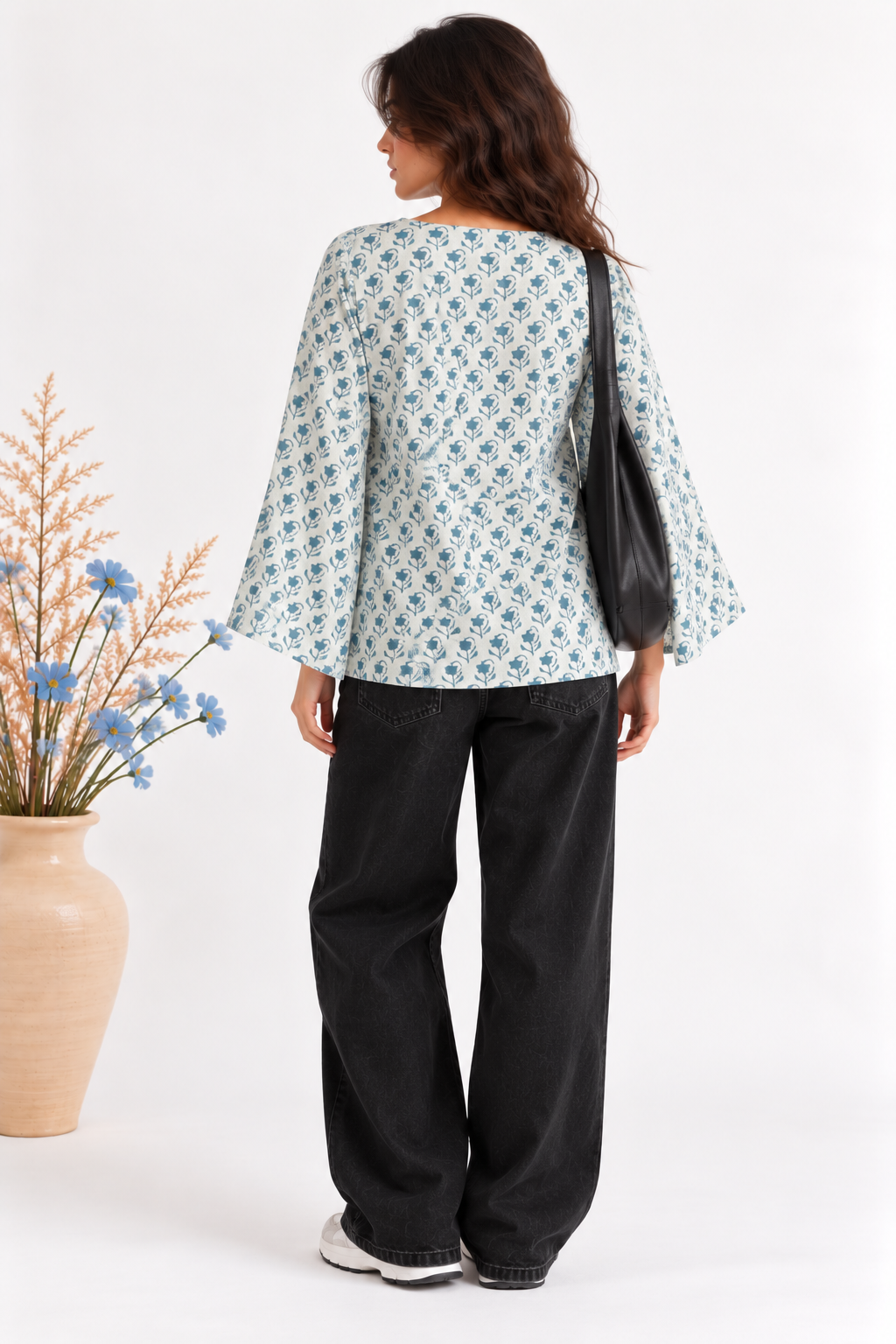 Blue Bloom Umbrella-Cuff Cotton Top