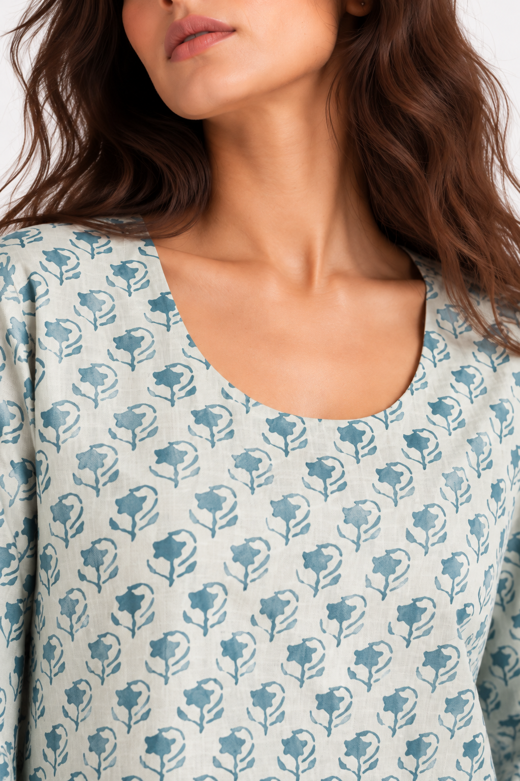 Blue Bloom Umbrella-Cuff Cotton Top