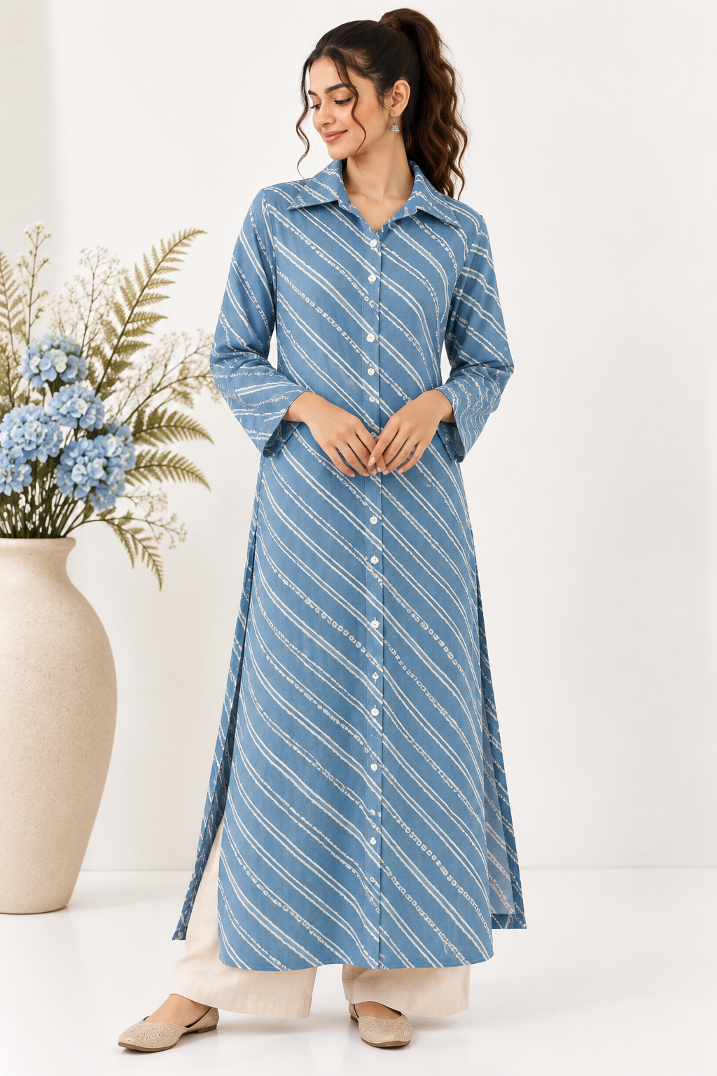 Blue Drift Shirt Kurta in Lehria & Bandhani Print