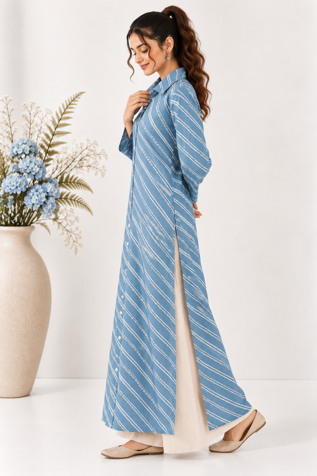 Blue Drift Shirt Kurta in Lehria & Bandhani Print