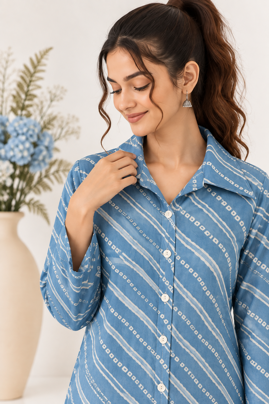Blue Drift Shirt Kurta in Lehria & Bandhani Print