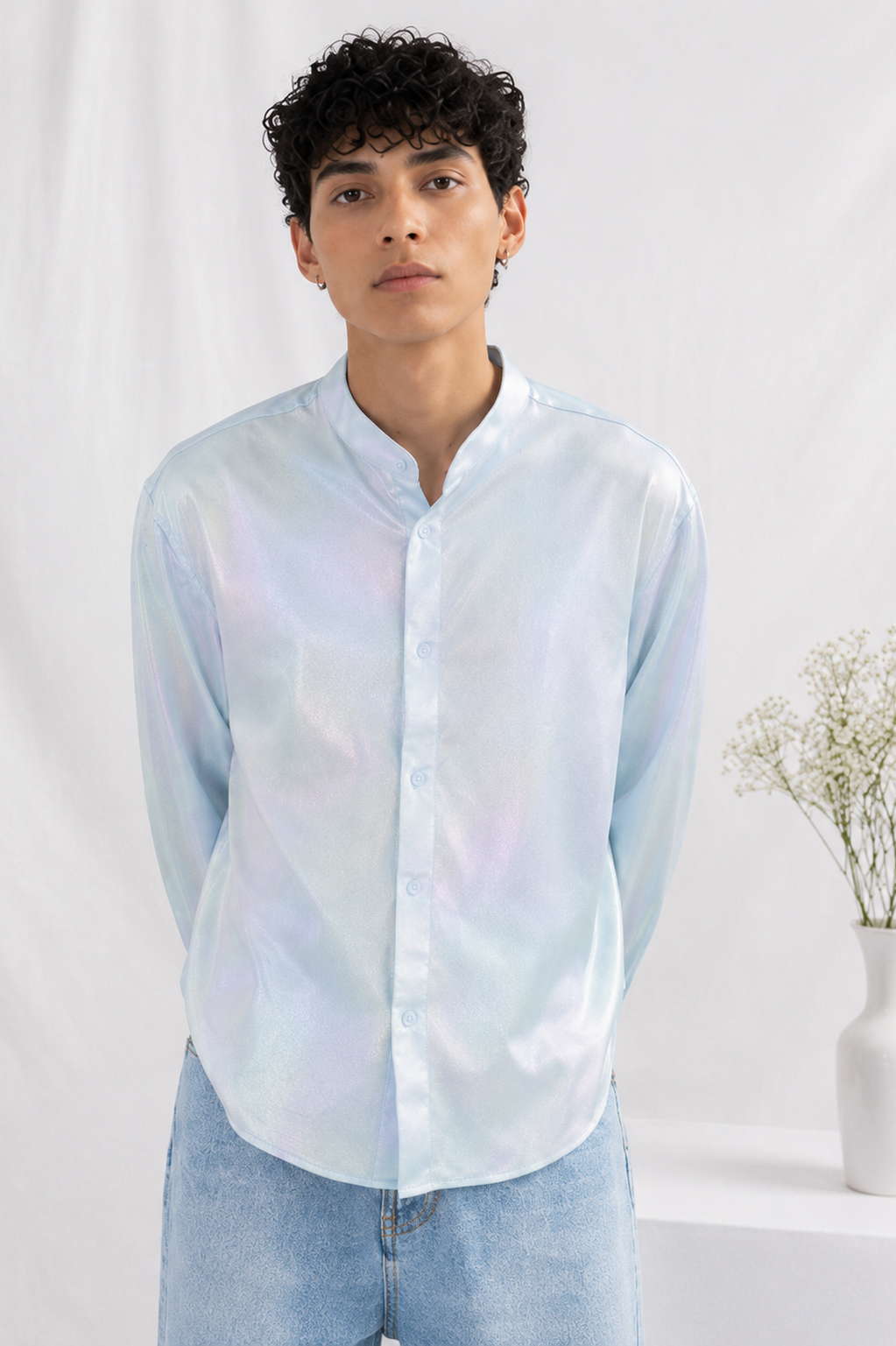 Iridescent Pearl Mandarin-Collar Shirt