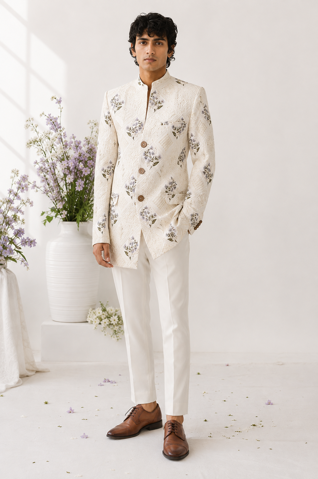 Ivory Floral Trench Coat